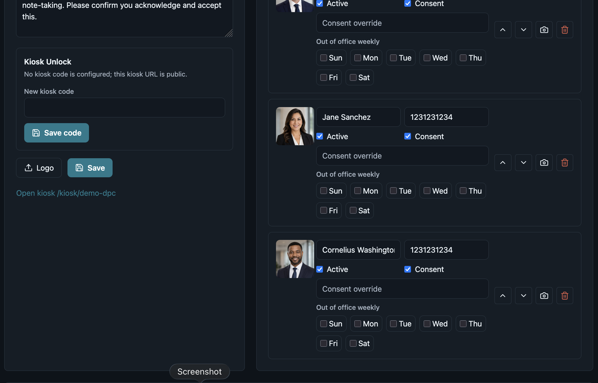 FrontFlow employee administration screen for managing notification recipients
